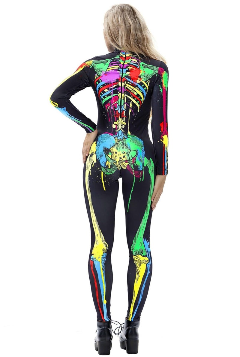 URVIP Women Halloween Skeleton Costume Stretch Skinny Catsuit Jumpsuit Bodysuit Color-BAX-014 XL - Image 2